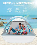 Family enjoying Beach Tent Sun Shelter For Three With Two Ventilated Doors UPF50+ Easy Setup Canopy on sunny beach.