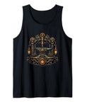 Heavy Duty Steampunk Tank Top Featuring Industrial Anvil Gear Mechanism For Blacksmiths And Makers With Double Needle Hems Perfect Father's Day Gift In Classic Black Fit, showcasing detailed gear art.