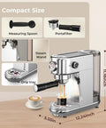 Espresso Machine With Milk Frother, 20 Bar Pressure, 44 Ounces Removable Water Tank, Compact Stainless Steel Coffee Maker For Home Or Office, Brew Lattes Cappuccinos Macchiatos Like A Pro, Sleek Silver with accessories on display.