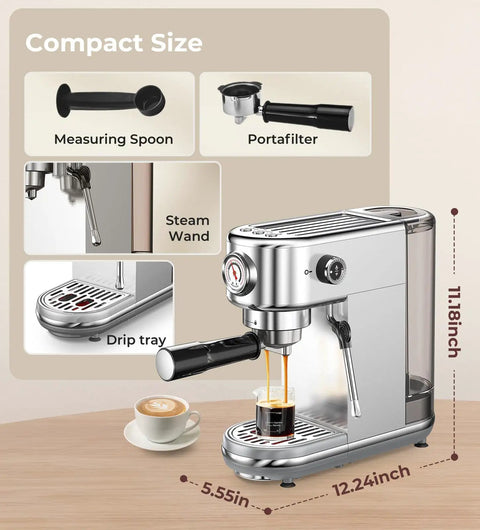Espresso Machine With Milk Frother, 20 Bar Pressure, 44 Ounces Removable Water Tank, Compact Stainless Steel Coffee Maker For Home Or Office, Brew Lattes Cappuccinos Macchiatos Like A Pro, Sleek Silver with accessories on display.