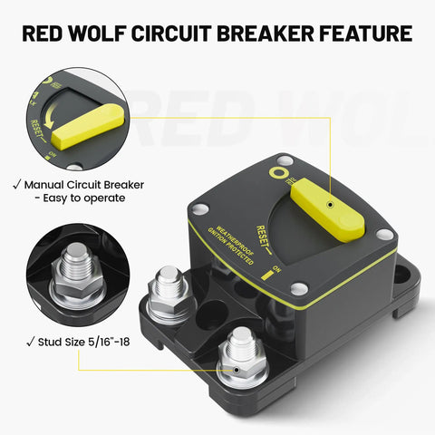 30 Amp DC Circuit Breaker With Manual Reset For Car Audio RV Marine Boat Truck Trolling Motors Stereo System Battery And Solar Power Safety Kill Switch Master Disconnect, showing features like manual reset and stud size.