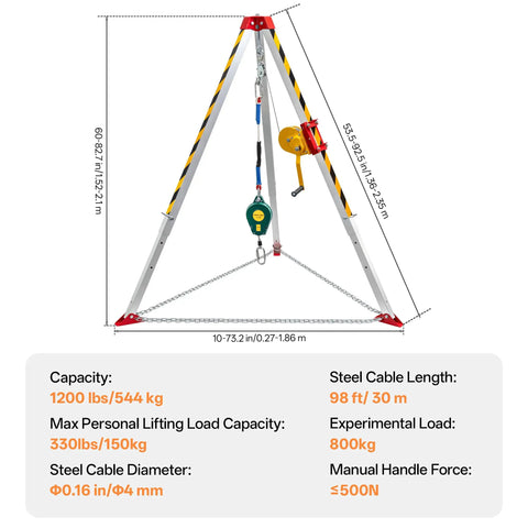 Diagram of Rugged Pro Grade Confined Space Tripod Kit with 1200Lbs Lifting Hoist, adjustable legs, and specifications.