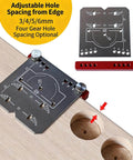 Precision Cabinet Locator Kit For Door Hinge Alignment With Pro Adjustable Template Jig shown mounted on wood surface