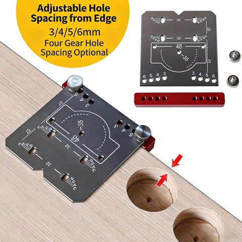 Precision Cabinet Locator Kit For Door Hinge Alignment With Pro Adjustable Template Jig shown mounted on wood surface