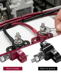 2 Piece 5/16 Inch 12V Car Battery Junction Post Block Single Stud Terminal Heavy Duty Insulated Power Distribution Ground Connector Kit For Auto Marine Rv Boat With Rustproof Hardware And No Sweat Wiring, showing red and black connectors.