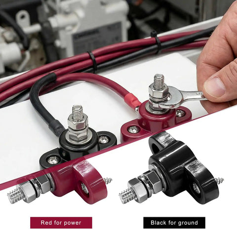 2 Piece 5/16 Inch 12V Car Battery Junction Post Block Single Stud Terminal Heavy Duty Insulated Power Distribution Ground Connector Kit For Auto Marine Rv Boat With Rustproof Hardware And No Sweat Wiring, showing red and black connectors.