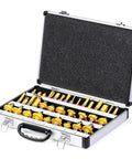 Top Shelf 35 Piece 1/2 Inch Shank Flush Trim Router Bit Set With Heavy Duty Tungsten Carbide Tips For Woodworking And Milling in aluminum box.