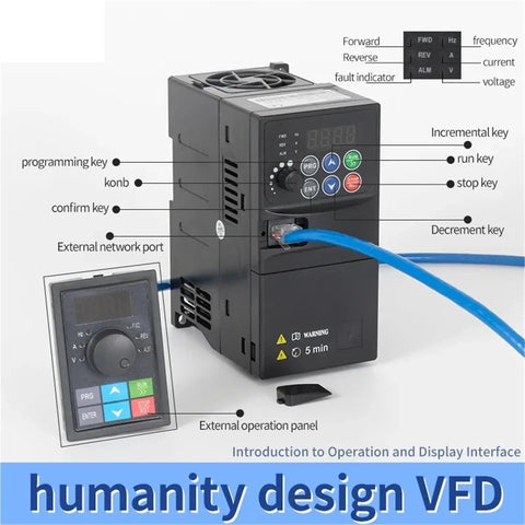 Powerful 1.5 To 7.5 kW 380V VFD Frequency Converter Inverter For 3 Phase Motors Speed Control With 50 To 400 Hz Range, Industrial Grade Variable Frequency Drive For Smooth Start And Precise Motion. Front view of black VFD inverter with control panel and external operation panel