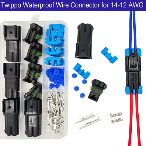 Weatherproof 2 Pin Automotive Electrical Connectors Kit For 14 To 12 AWG Wiring, waterproof set with marine-grade seals shown