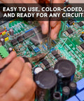 Hands soldering a circuit board with components labeled 'Easy to use, color-coded,' ideal for 2600 Piece Metal Film Resistor Kit projects.