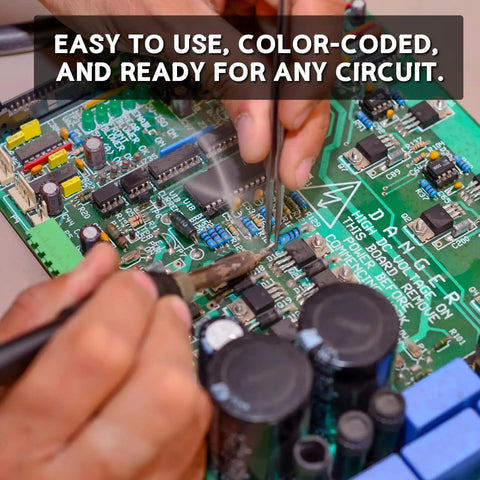 Hands soldering a circuit board with components labeled 'Easy to use, color-coded,' ideal for 2600 Piece Metal Film Resistor Kit projects.