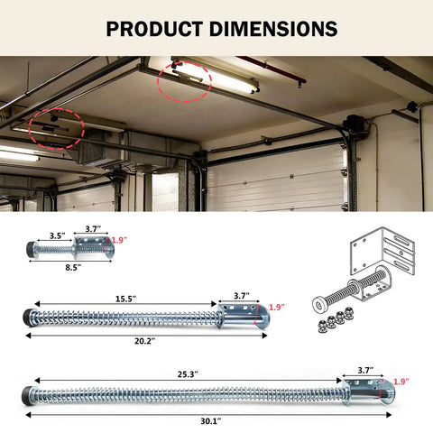 Diagram showing product dimensions of Beefed Up Heavy Duty Garage Door Pusher Springs Pair with 20.2-inch and 30.1-inch lengths.