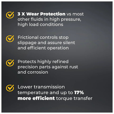 Beefed-Up Heavy Duty Transmission Fluid For CAT To-4 And Power Shift Gearboxes, Compatible With Caterpillar To-4, Komatsu, Vickers, ZF, 5 Gallon Pail, Superior Wear Protection And Lower Operating Temp, Direct Replacement For CAT TDTO 10W infographic
