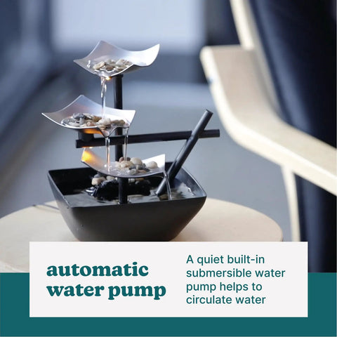 Chill Tabletop Water Fountain For Home Decor And Relaxation, showing 3-tier waterfall with automatic pump on a table