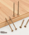 Pro Grade #8 X 2 Inch Deck Screws 100 Pack Exterior Wood Screws Bronze Epoxy Coating with T25 Star Drive on wood.