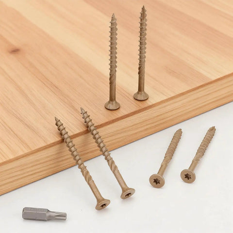 Pro Grade #8 X 2 Inch Deck Screws 100 Pack Exterior Wood Screws Bronze Epoxy Coating with T25 Star Drive on wood.