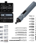 Mini Cordless Electric Screwdriver Set With Precision Bits, 250 RPM Motor, And Bright LED Light in black carrying case with various bits.