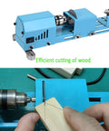 Blue mini wood lathe machine with chuck and tailstock for turning wood, front view, Amazon brand