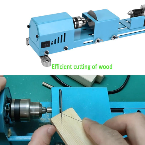 Blue mini wood lathe machine with chuck and tailstock for turning wood, front view, Amazon brand