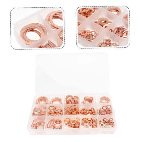 Copper Flat Gasket Kit With 280 PCs Washers, Ultra Thin Shims, Reusable And Corrosion Resistant, Handy For Screws, Oil Pan, Water, Fuel And Hydraulic Fits, DIY Repair And Maintenance Set in plastic organizer box