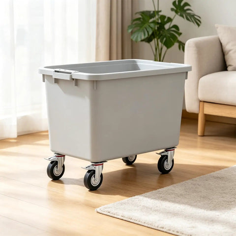 Gray storage bin on wheels featuring Heavy Duty Swivel Caster Wheels With Secure Locking And Foot Brake, Smooth Rolling Furniture Sliders.