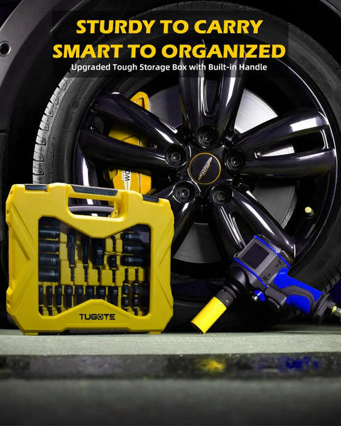 Your Go To 61 Piece Impact Nut Driver Set With Magnetic Deep Nut Drivers For Drills Metric And SAE displayed near car wheel