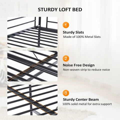 Heavy Duty Full Size Loft Bed With Solid Steel Frame And Flat Rungs For Teens And Adults Built Extra Tough, showing sturdy metal slats design.