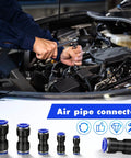 Mechanic using 100 Piece Quick Connect Air Hose Fittings Set in auto shop, includes five sizes of push to connect pneumatic connectors.