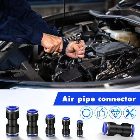 Mechanic using 100 Piece Quick Connect Air Hose Fittings Set in auto shop, includes five sizes of push to connect pneumatic connectors.