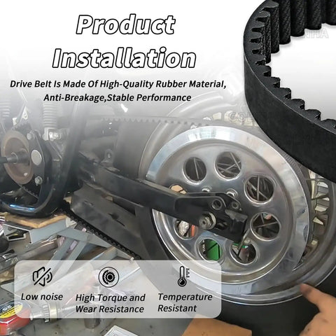 Golknha Drive Belt Replacement For 86-94 Harley Davidson Softail Heritage Fat Boy Plus Standard Custom Springer Models Like Flstc And Flstn With 132 Tooth Count And 1.5 Inch Width For Rock Solid Performance installed on a motorcycle, showcasing rubber material and performance details.