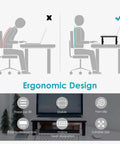 Diagram showing ergonomic use of TV And Monitor Riser Desk Stand With Sturdy Metal Frame, Large 14.6 Inch By 9.3 Inch Platform, 3 height levels.