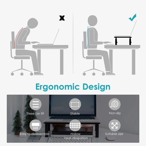 Diagram showing ergonomic use of TV And Monitor Riser Desk Stand With Sturdy Metal Frame, Large 14.6 Inch By 9.3 Inch Platform, 3 height levels.