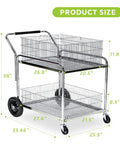Solid Chrome Plated Rolling Mail Cart With Heavy Duty Smooth Gliding Wheels For Office Document Sorting Workspace Organization Rust Resistant Storage Caddy For Your Daily Office Grind with size dimensions.