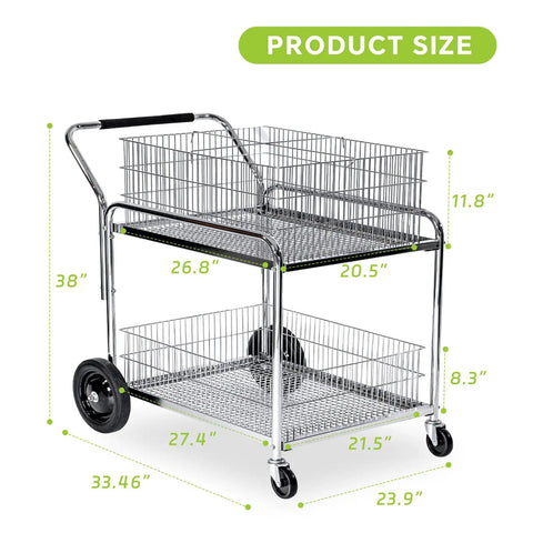 Solid Chrome Plated Rolling Mail Cart With Heavy Duty Smooth Gliding Wheels For Office Document Sorting Workspace Organization Rust Resistant Storage Caddy For Your Daily Office Grind with size dimensions.