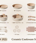 Nonstick Ceramic Cookware Set With Detachable Handle For Everyday Cooking, 19-Piece Induction Ready Pots And Pans layout.