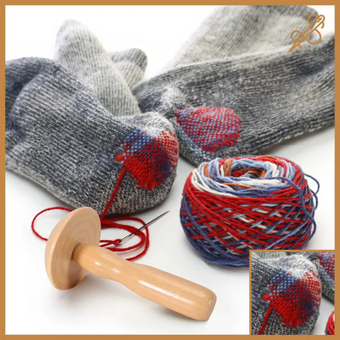 No-Fuss Mini Darning Loom Kit With 50 Color Threads For Quick Sock And Jeans Repairs, Includes Darning Mushroom Egg, Complete Beginner Friendly Tools, DIY Artful Patches To Repair Clothes with wooden darning mushroom and woven sock patch.