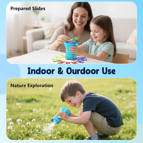 Woman and child using Awesome Kids Digital Microscope With 4K Clarity And 2.4 Inch Screen indoors and outdoors in field.