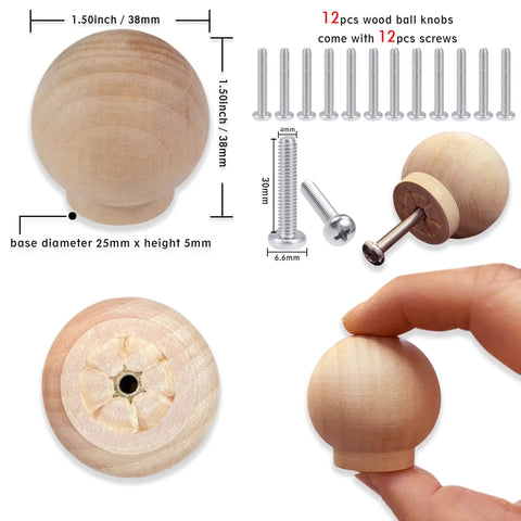 Wood Ball Knobs Set 12 Pack 1-1/2 Inch Round Natural Wooden Cabinet Knobs For Drawers Dresser Wardrobe Cupboard Kitchen Door Pulls And Handles Screws Included Grab And Go Easy Install Durable Finish
