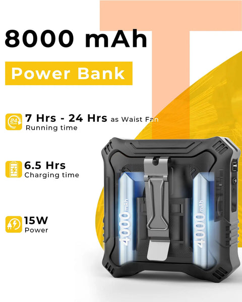 All In One Portable Fan With Five Speed Settings And 8000mAh Battery, power bank feature with dual sided clip, shown in black