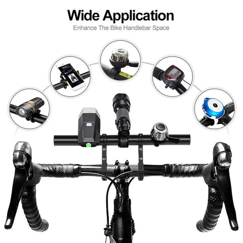 Extended Handlebar Mounting Bar For Bikes 11.8 Inches Long Beefy Aluminum Alloy Bracket Fits 20mm To 32mm Handlebars Extra Space For Lights GPS Phone Bike Computer Bell And More in use on a bike with accessories attached.