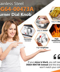 Woman pointing at stainless steel DG64-00473A burner control dial knob with durability and resistance features listed.