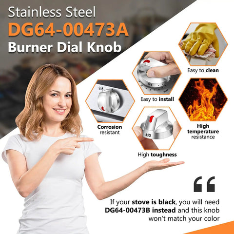 Woman pointing at stainless steel DG64-00473A burner control dial knob with durability and resistance features listed.