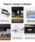 Badass 70W Desktop CO2 Laser Engraver And Cutter Rig With LightBurn Tooling showing features like 16MP camera and closed-loop water cooling.