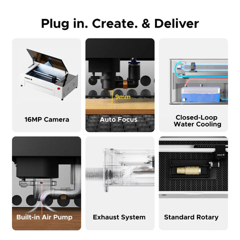 Badass 70W Desktop CO2 Laser Engraver And Cutter Rig With LightBurn Tooling showing features like 16MP camera and closed-loop water cooling.