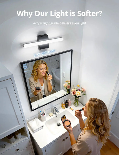 Woman applying makeup under Slim 16 Inch LED Vanity Light Bar Over Mirror For Restroom IP44 Waterproof 9W Cool White 6000K