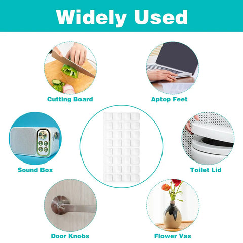 Thirty Two Piece Clear Rubber Bumpers Super Sticky Self Adhesive Pad Large Square Design used on various household items.