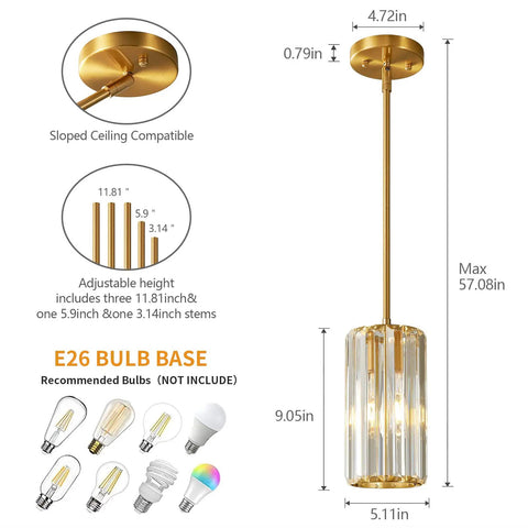 Gold Pendant Lighting Set Modern Mini Crystal Chandeliers Adjustable Pendant Light Fixture For Kitchen Island Dining Room Corridor Bedroom 2 Pack Luxe Glow And Cozy Vibe diagram with dimensions and bulb types.