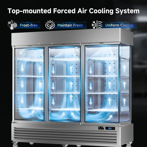 Top-mounted forced air cooling system in Rock Solid 72 Cubic Foot Commercial Reach In Fridge With Plug And Play Smart Wifi App Control.