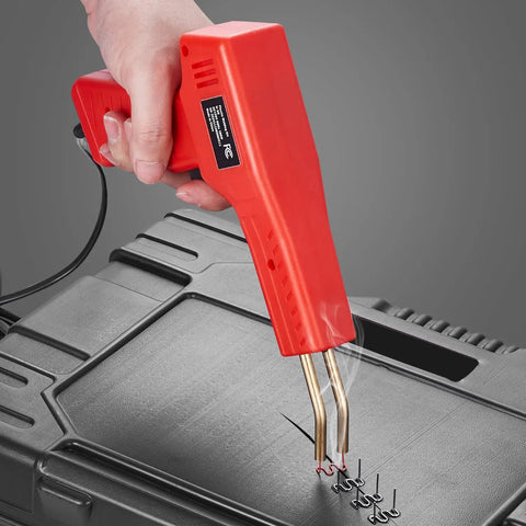 100W Plastic Welder Gun With 800 Hot Staples And Led Light Rapid Heating Bumper Repair Kit For Cars Kayaks And Toys in use on a black surface.