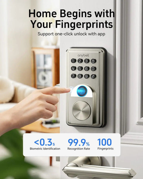 Fingerprint Door Lock Keyless Entry Smart Lock Deadbolt With Electronic Keypad App Control Auto Lock No Drilling Required Easy DIY Friendly Install For Front Door Satin Nickel installed on door close-up view.